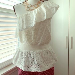 One shoulder eyelet ruffle top